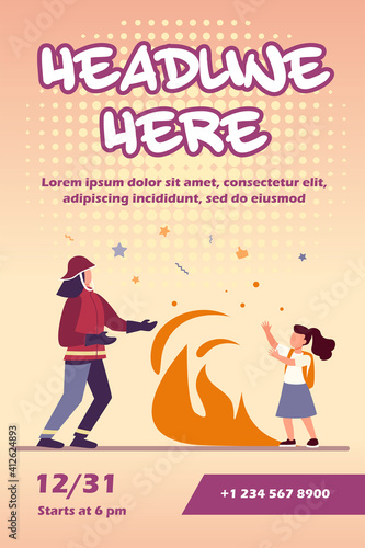 Firefighter saving girl life. Flame between firemen in protective suit and child with schoolbag flat vector illustration. Fire hazard, emergency concept for banner, website design or landing web page