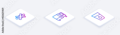 Set Isometric line No junk food, Bed and Glass with water. White square button. Vector.