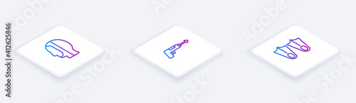 Set Isometric line Diving hood, Fishing harpoon and Rubber flippers. White square button. Vector.