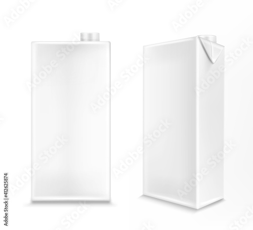 White carton box for milk or juice in front and angle view. Vector realistic 3d mockup of blank cardboard package for liquid dairy products and drinks isolated on white background