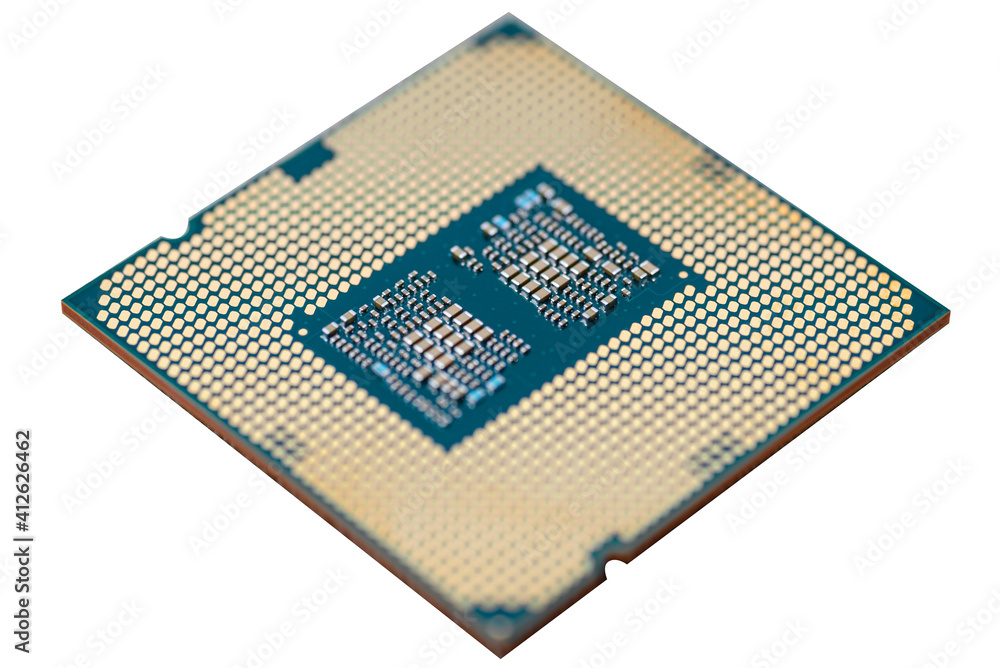 A macro photo of a modern CPU processor under the LGA 1200 socket on a green circuit board, isolated on a white background. A macro photo of a modern CPU processor under the LGA 1200 socket on a green circuit board, isolated on a white background.