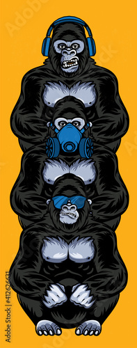 Three wise gorillas with respirator, glasses, headphones. Also called the Three Mystic Apes. Sees no evil, hears no evil, speaks no evil.