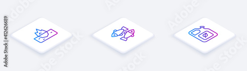 Set Isometric line Iceberg, Dead fish and Bio fuel canister. White square button. Vector.