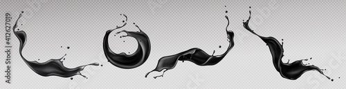 Black liquid splashes, swirl and waves with scatter drops. Paint, oil or ink splashing dynamic motion, design elements for advertising isolated on transparent background Realistic 3d vector icons set