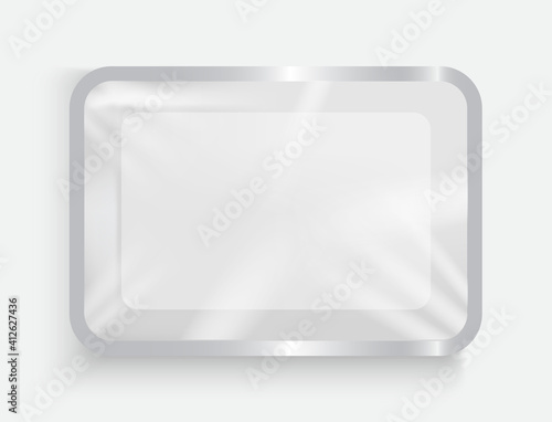 White plastic container with plastic film for food products. 3d empty package, the substrate for food