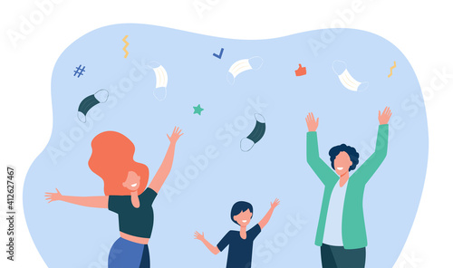 Happy people throwing up facial masks. Virus, victory, end flat vector illustration. Pandemic and protection concept for banner, website design or landing web page