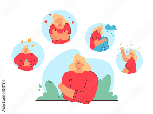 Woman in different moods and states vector illustration. Person suffering from distracted behavior, mood changes, feeling angry, sad or happy. For mental disorder, stress, bipolar disease concept