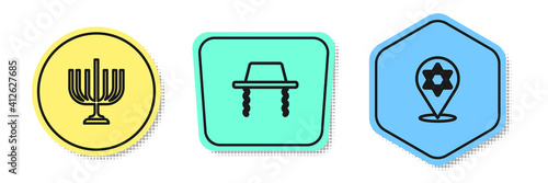 Set line Hanukkah menorah, Orthodox jewish hat and Star of David. Colored shapes. Vector.