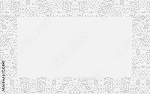 Ethnic geometric convex white background from a 3D pattern for presentations, wallpapers, websites, business cards. Abstract frame for text, advertising.