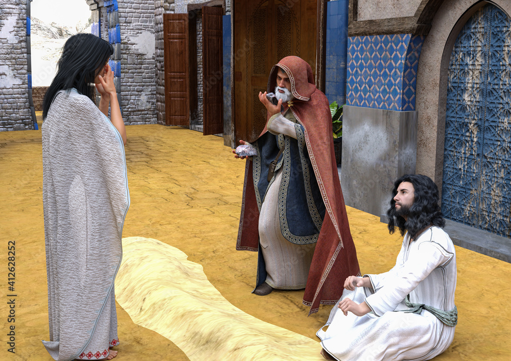 Image to biblical story, Jesus and adulteress. 3d rendering, 3d illustration.