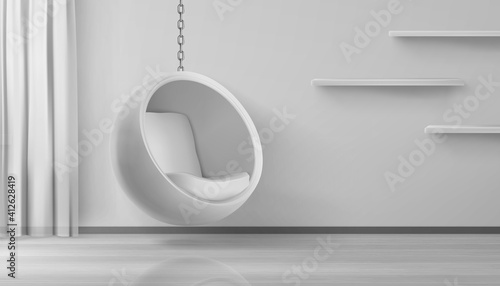 Ball chair, round armchair hang on chain at home interior. Futuristic furniture for home or office, egg shaped seat on white wall with shelves and curtain background Realistic 3d vector stylish design