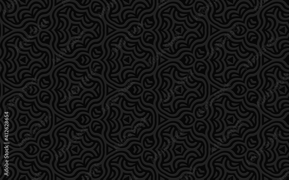 Ethnic geometric convex volumetric black 3D background from an embossed unique artistic pattern for presentations, wallpaper, textiles in the style of doodling.

