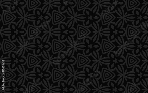 Ethnic geometric convex volumetric black 3D background from a relief pattern for presentations, wallpaper based on the peoples of Africa, Mexico, India.