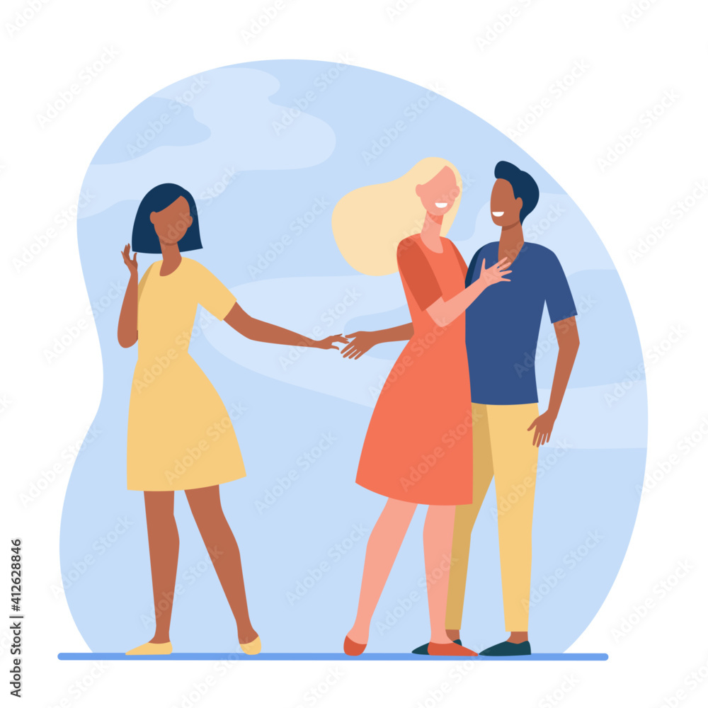 Boyfriend being unfaithful to his girlfriend. Wife, lie, hand flat vector illustration. Betrayal and infidelity concept for banner, website design or landing web page Boyfriend being unfaithful to his girlfriend. Wife, lie, hand flat vector illustration. Betrayal and infidelity concept for banner, website design or landing web page