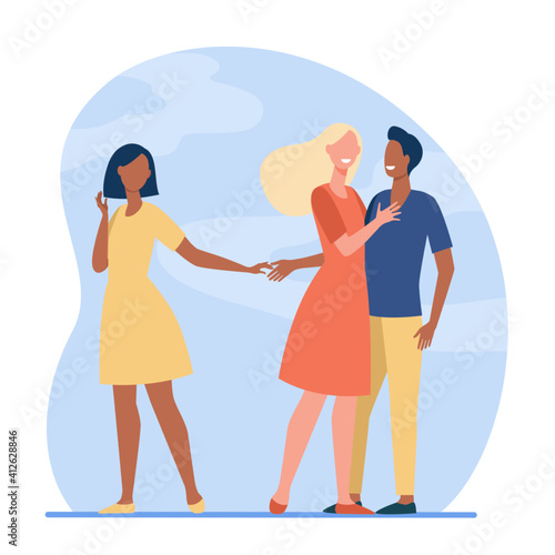 Boyfriend being unfaithful to his girlfriend. Wife, lie, hand flat vector illustration. Betrayal and infidelity concept for banner, website design or landing web page