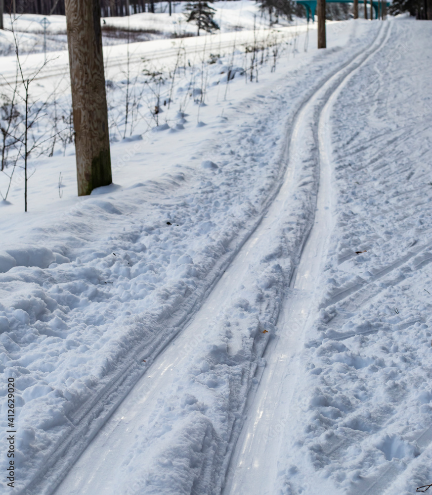 Obraz premium classical cross-country skiing trail in forest snow, closeup, selective focus