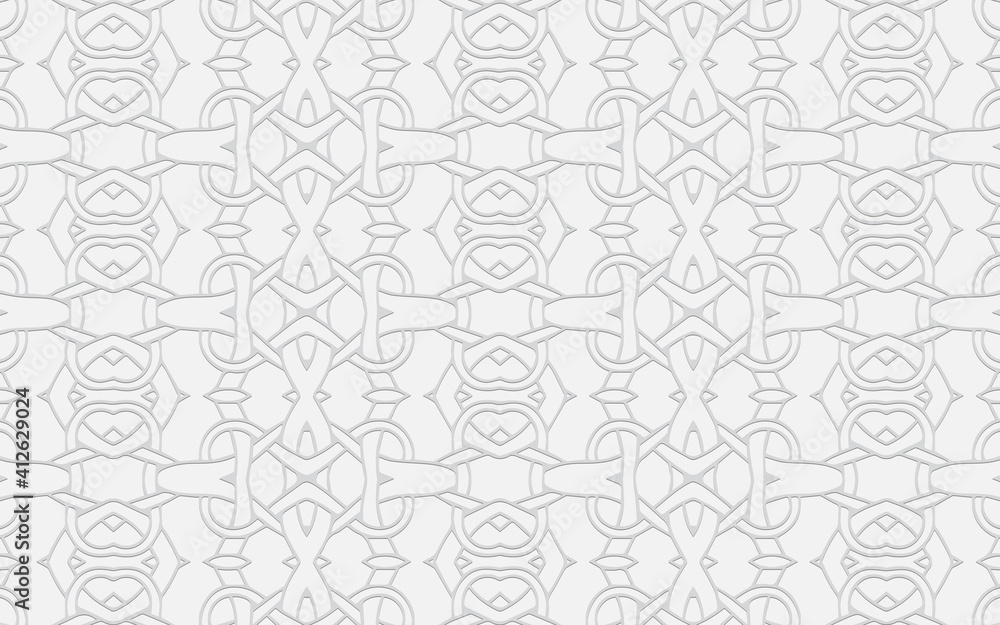 Ethnic geometric convex volumetric white background from a 3D pattern for presentations, wallpaper in folk style.