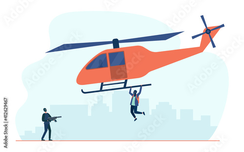 Two criminals stealing helicopter. Transport, weapon, mask flat vector illustration. Crime and terrorism concept for banner, website design or landing web page