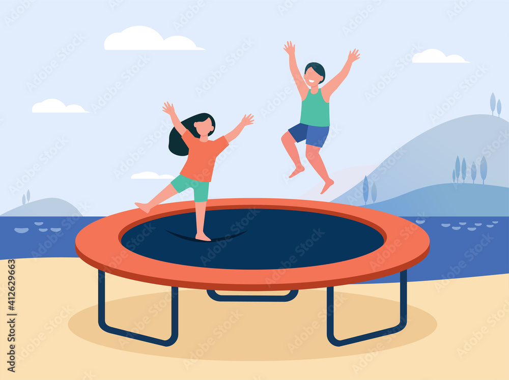 Happy children jumping on trampoline and smiling. Beach, weekend, vacation  flat vector illustration. Entertainment and fun concept for banner, website  design or landing web page Stock-Vektorgrafik | Adobe Stock