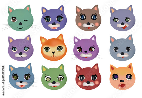 Funny cute cats faces with different emotions. Colorful cats happy  sad  crazy  cheerful. Cat characters. Vector illustration.