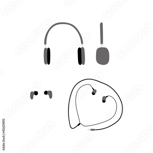Vector handdrawn flat illustration set with different types of headphones isolated on white background. Equipment for blogging, vlogging and recording podcasts and videos