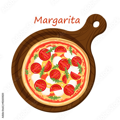 Traditional Italian pizza Margherita with mozzarella cheese, tomatoes, tomato sauce and basil on a cutting board on a white background. Vector pizza illustration for menu, poster, advertisement