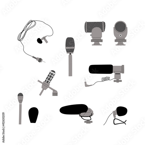 Vector handdrawn flat illustration set with different types of microphones isolated on white background. Equipment for blogging, vlogging and recording podcasts and videos