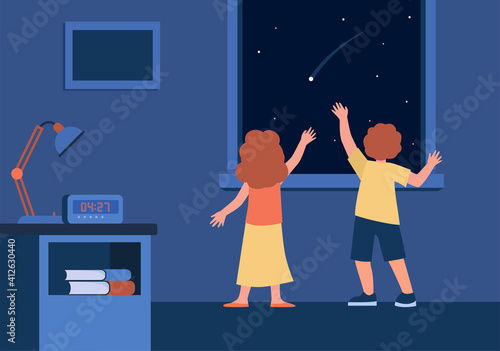 Back view of children watching night sky with falling star. Cosmos, wish, dream flat vector illustration. Childhood and fun concept for banner, website design or landing web page