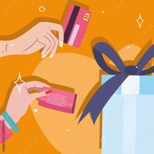 gift and hands holding credit card and wallet vector design