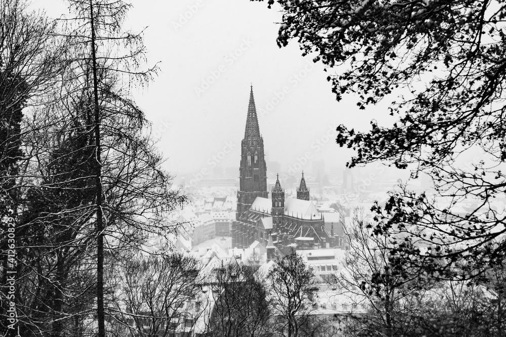 Freiburger Münster an einem verschneiten Tag