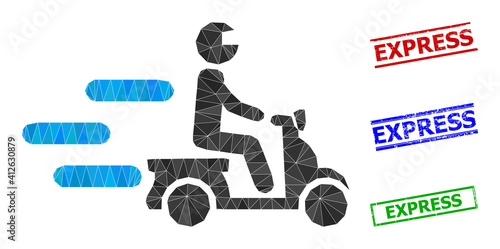 Triangle fast motorbike polygonal 2d illustration, and distress simple Express stamp seals. Fast Motorbike icon is filled with triangles. Simple stamp seals uses lines, rects in red, blue,