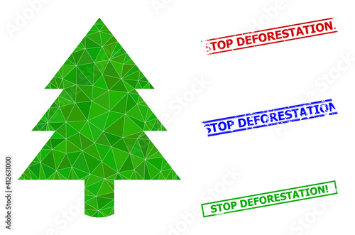Triangle fir tree polygonal symbol illustration, and textured simple Stop Deforestation! stamp seals. Fir Tree icon is filled with triangles. Simple stamp seals uses lines, rects in red, blue,