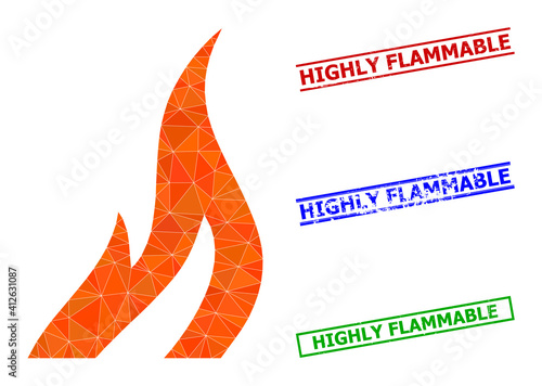 Triangle fire polygonal icon illustration, and rubber simple Highly Flammable watermarks. Fire icon is filled with triangles. Simple watermarks uses lines, rects in red, blue, green colors.