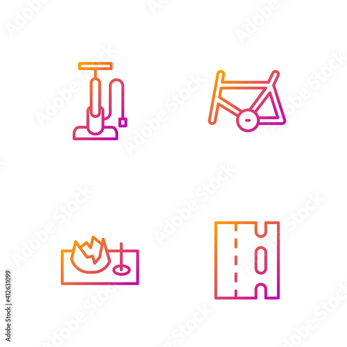 Set line Bicycle lane, on street ramp, air pump and frame. Gradient color icons. Vector.