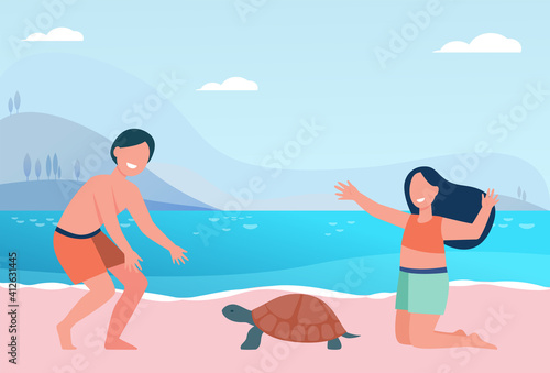 Happy cute kids playing with turtle on beach. Water, holiday, swimsuit flat vector illustration. Entertainment and fun concept for banner, website design or landing web page