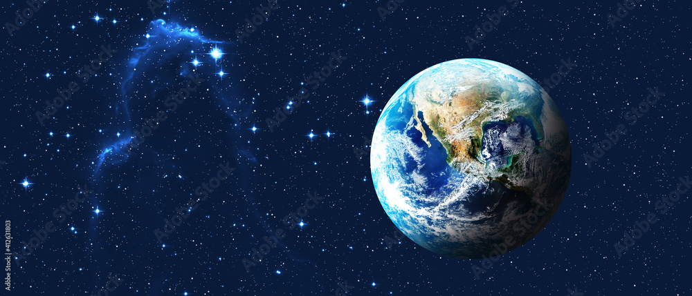  Planet Earth on dark blue night sky with bright stars. Banner format. Elements of this image furnished by NASA