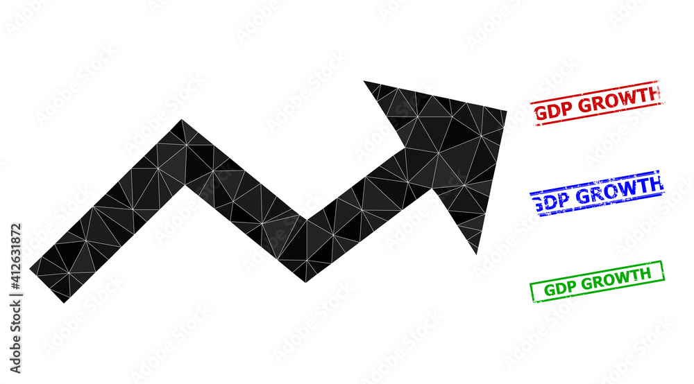 Obraz premium Triangle growing trend arrow polygonal icon illustration, and rough simple GDP Growth seals. Growing Trend Arrow icon is filled with triangles. Simple stamp seals uses lines, rects in red, blue,