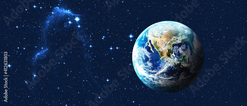 Fototapeta Naklejka Na Ścianę i Meble -   Planet Earth on dark blue night sky with bright stars. Banner format. Elements of this image furnished by NASA