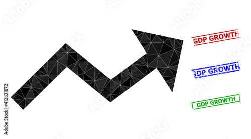 Triangle growing trend arrow polygonal icon illustration, and rough simple GDP Growth seals. Growing Trend Arrow icon is filled with triangles. Simple stamp seals uses lines, rects in red, blue,