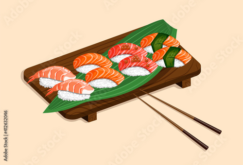 Sushi set on a wooden tray with shrimp, salmon, tuna, caviar and nori leaves. Vector illustrations of traditional Japanese food on a colored background for stickers, web, site, menu, store, restaurant