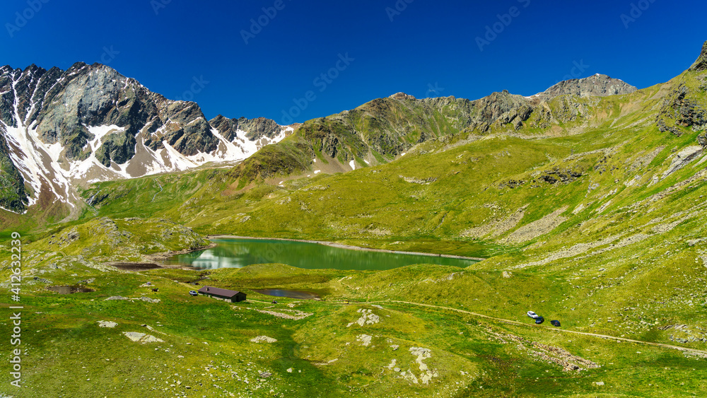 Passo Gavia, mountain pass in Lombardy, Italy, to Val Camonica at summer. Lake