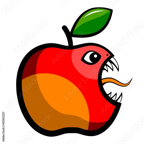 Angry toothy apple. A bitten apple with a leaf. Vector illustration.