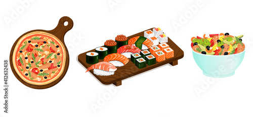 Set of seafood dishes. Pizza, salad, sushi and rolls with shrimps, salmon, tuna. Vector food illustration for stickers, web, site, menu, store, restaurant, icons.