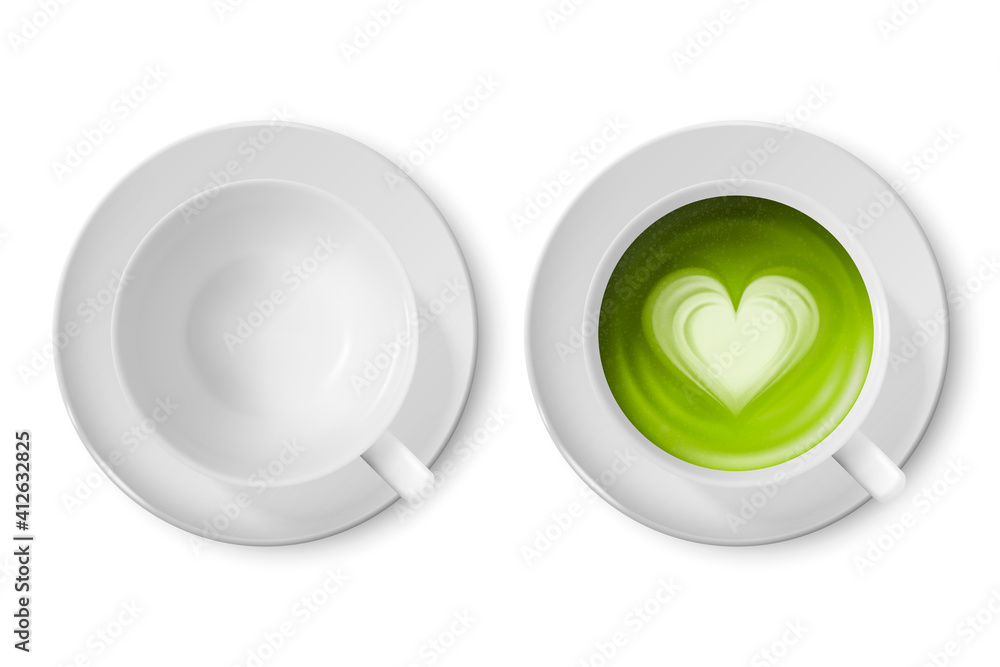Vector 3d Realistic Ceramic White Coffee Mug, Cup and Saucer Isolated on White Background. Green Milk Matcha, Foam Heart Pattern. Design Template. Top View Vector 3d Realistic Ceramic White Coffee Mug, Cup and Saucer Isolated on White Background. Green Milk Matcha, Foam Heart Pattern. Design Template. Top View