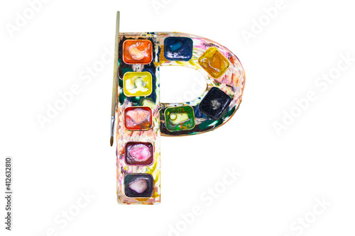 Font, a letter made P of watercolors and paints