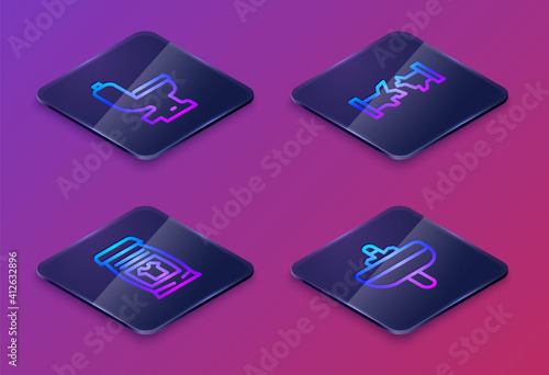 Set Isometric line Toilet bowl, Laundry detergent, Broken pipe and Washbasin. Blue square button. Vector.