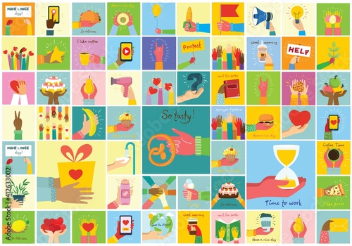 Hand-drawn illustrations of hands hold different things, such as smartphone, pizza, ice cream, donut and othersin