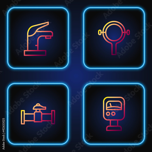 Set line Pressure water meter, Industry pipe and valve, Water tap and Filter wrench. Gradient color icons. Vector.
