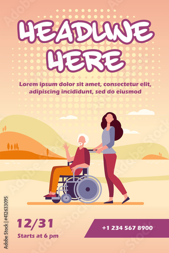 Young woman wheeling wheelchair with senior man. Volunteer helping disabled person flat vector illustration. Disability, volunteering concept for banner, website design or landing web page