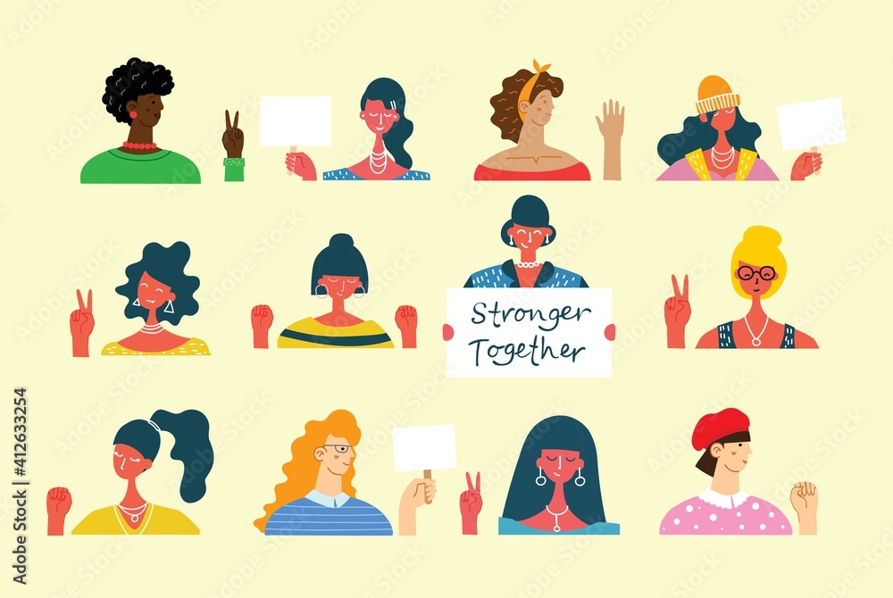 Women's day. Diverse international and interracial group of standing women. For girls power concept, feminine and feminism ideas. Vector illustration.